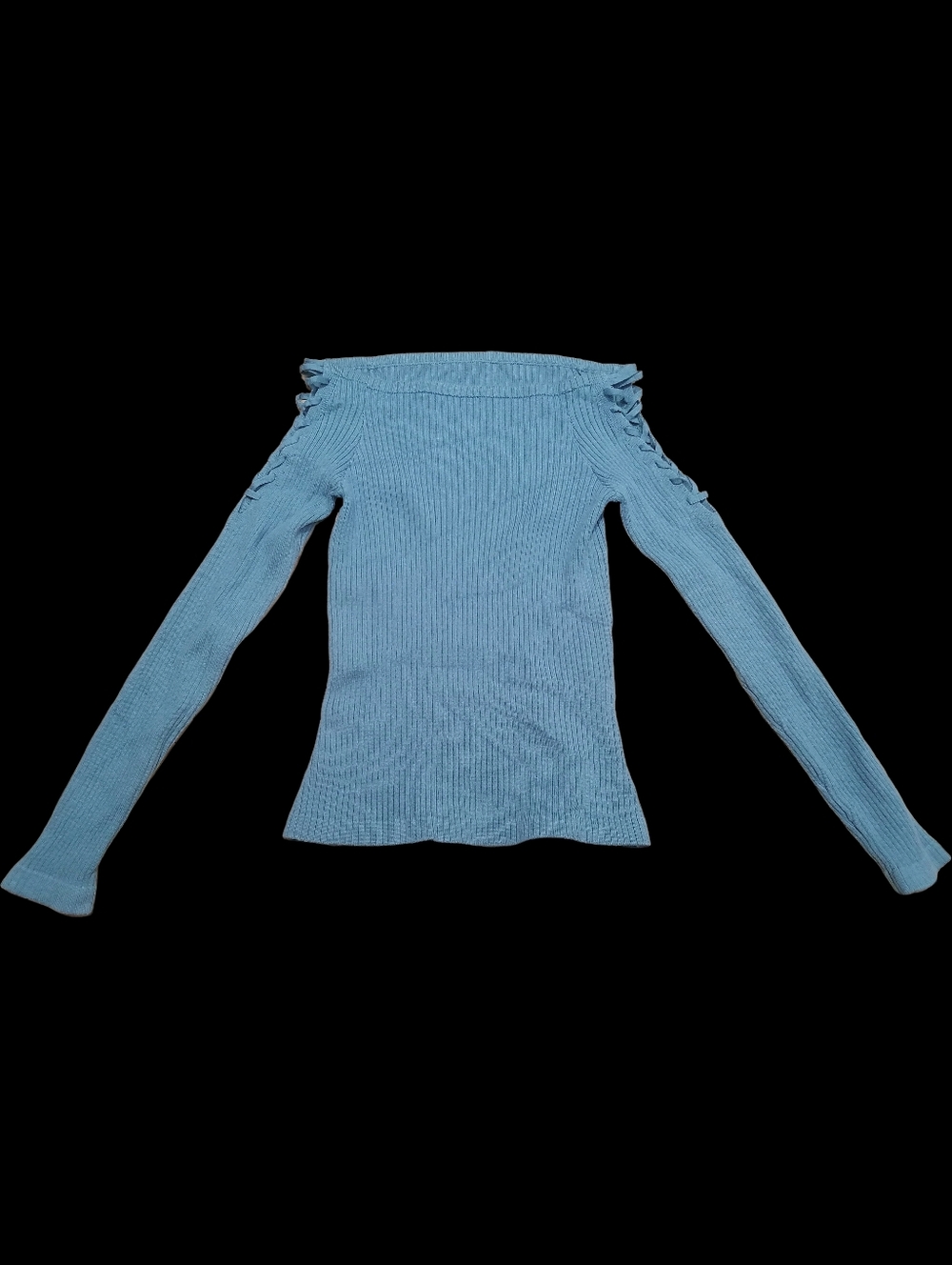 🔵🔵🔵 Off-Shoulder Ribbed Long-Sleeve Sweater - Light Blue - Picture 5 of 5